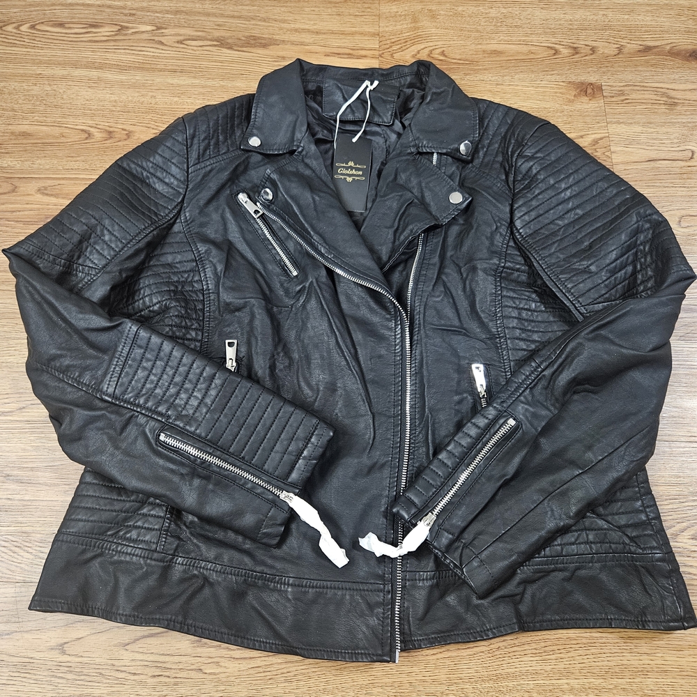NWT Giolshon Women's Faux Leather Casual Jacket, Moto Biker Coat Black XXL